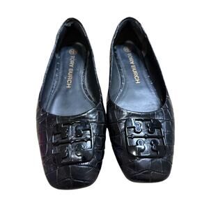 Tory Burch 9.5 M Classic Reva Ballet Flats Black Leather Croc Logo Shoes E9